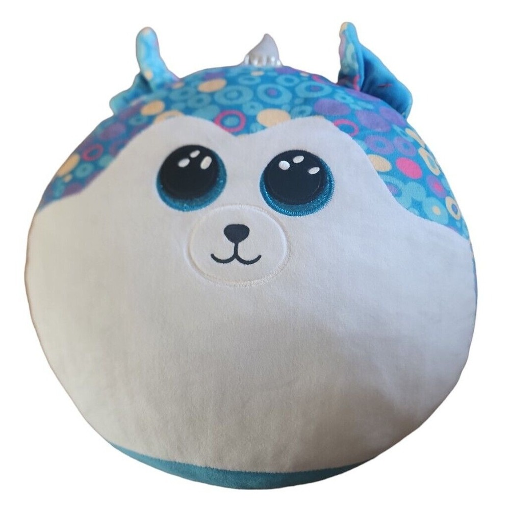 TY Round Plush Unicorn Pillow‎ Stuffed Animal Toy Blue Polka Dot Decor